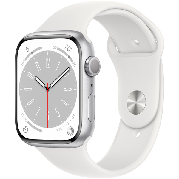 تصاویر ساعت اپل سری 8 بدنه آلومینیومی نقره ای و بند اسپرت سفید 45 میلیمتر، تصاویر Apple Watch Series 8 Silver Aluminum Case with White Sport Band 45mm