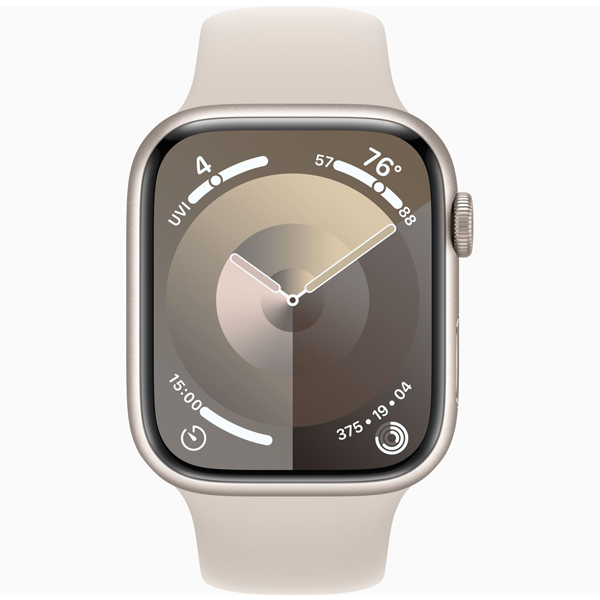 عکس ساعت اپل سری 9 بدنه آلومینیومی استارلایت و بند اسپرت استارلایت 45 میلیمتر، عکس Apple Watch Series 9 Starlight Aluminum Case with Starlight Sport Band 45mm