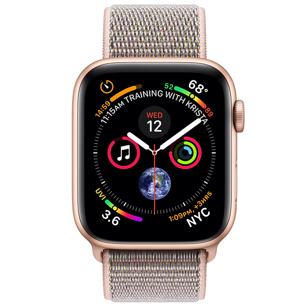 عکس ساعت اپل سری 4 جی پی اس Apple Watch Series 4 GPS Gold Aluminum Case with Pink Sand Sport Loop 40mm، عکس ساعت اپل سری 4 جی پی اس بدنه آلومینیوم طلایی و بند اسپرت لوپ صورتی 40 میلیمتر