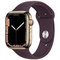 Apple Watch Series 7 Cellular Gold Stainless Steel Case with Dark Cherry Sport Band 45mm، ساعت اپل سری 7 سلولار بدنه استیل طلایی با بند اسپرت گیلاسی تیره 45 میلیمتر